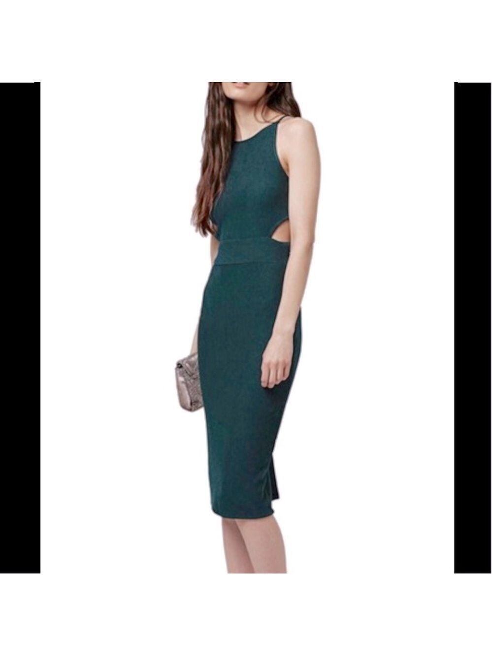 TOPSHOP Cut Out Ribbed Midi Sweater Dress Sz 6 Teal Bodycon Pencil Holiday Xmas
